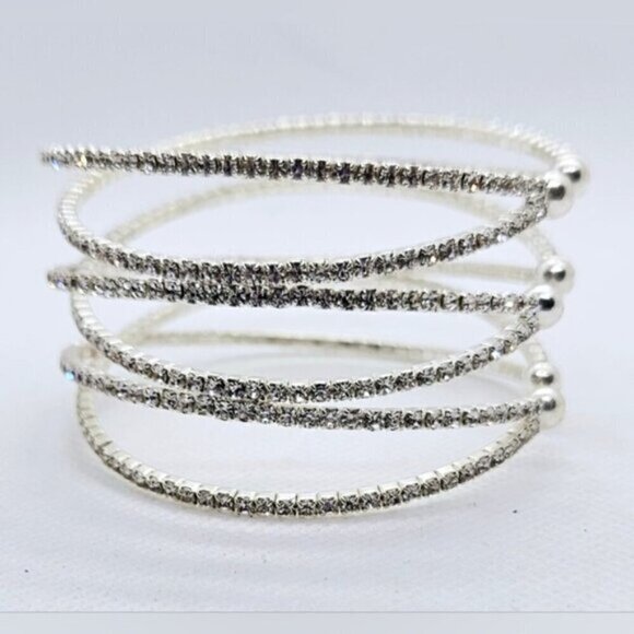 Stretch Rhinestone Cuff Silver Tone Bracelet - Picture 4 of 5